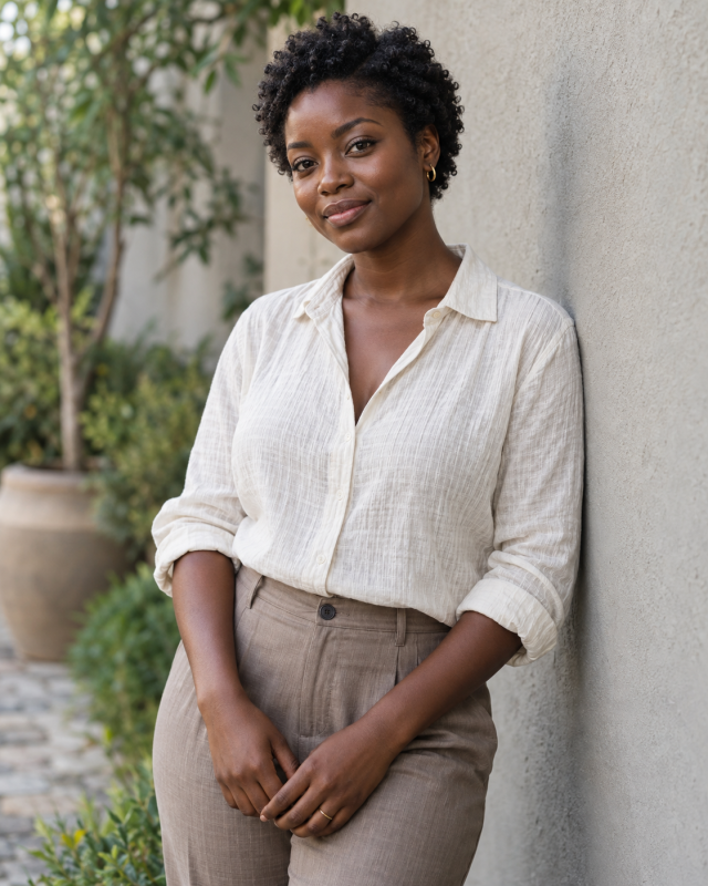AI-generated portrait illustration of an adult woman with natural curls and an ivory linen blouse beside a neutral wall.