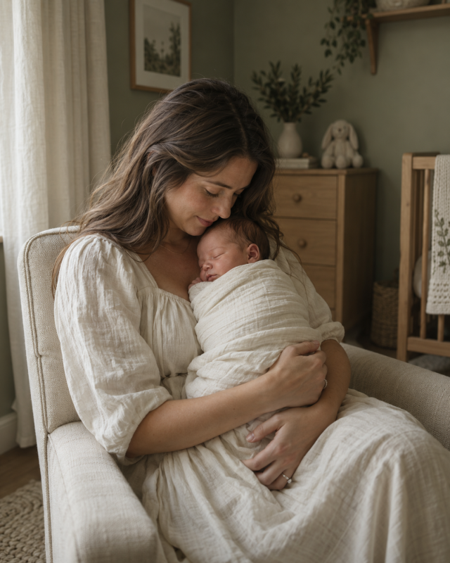 AI-generated illustration of a mother holding a swaddled newborn beside a window in a cream and sage nursery.