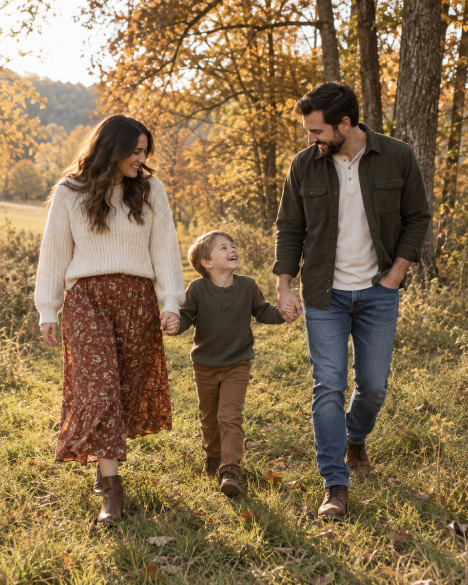 AI-generated illustration of a family walking hand in hand on a grassy path with warm autumn foliage.