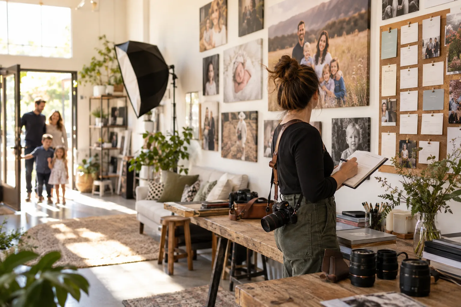 Portrait photographer welcoming a family into a studio with upcoming sessions on a planning board
