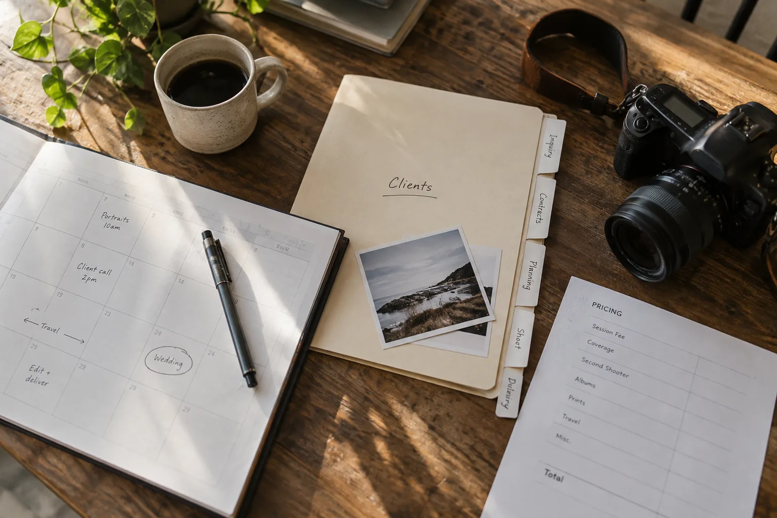 Calendar, client folder and pricing worksheet arranged with a camera