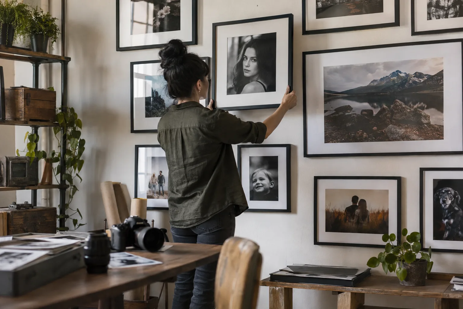 Photographer arranging a portrait portfolio wall in a studio