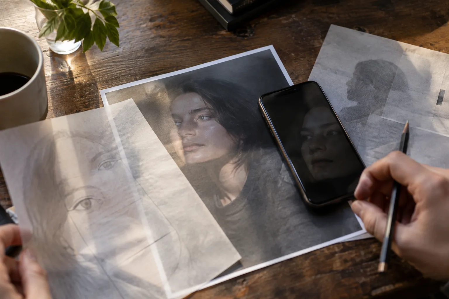 Printed portrait and phone reflection illustrating digital image likeness