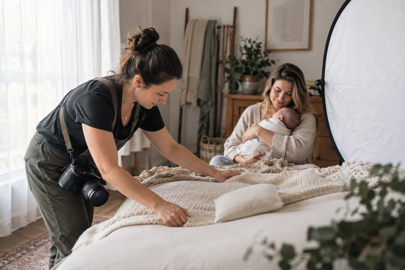 Newborn photographer preparing a safe window-lit session with a parent nearby