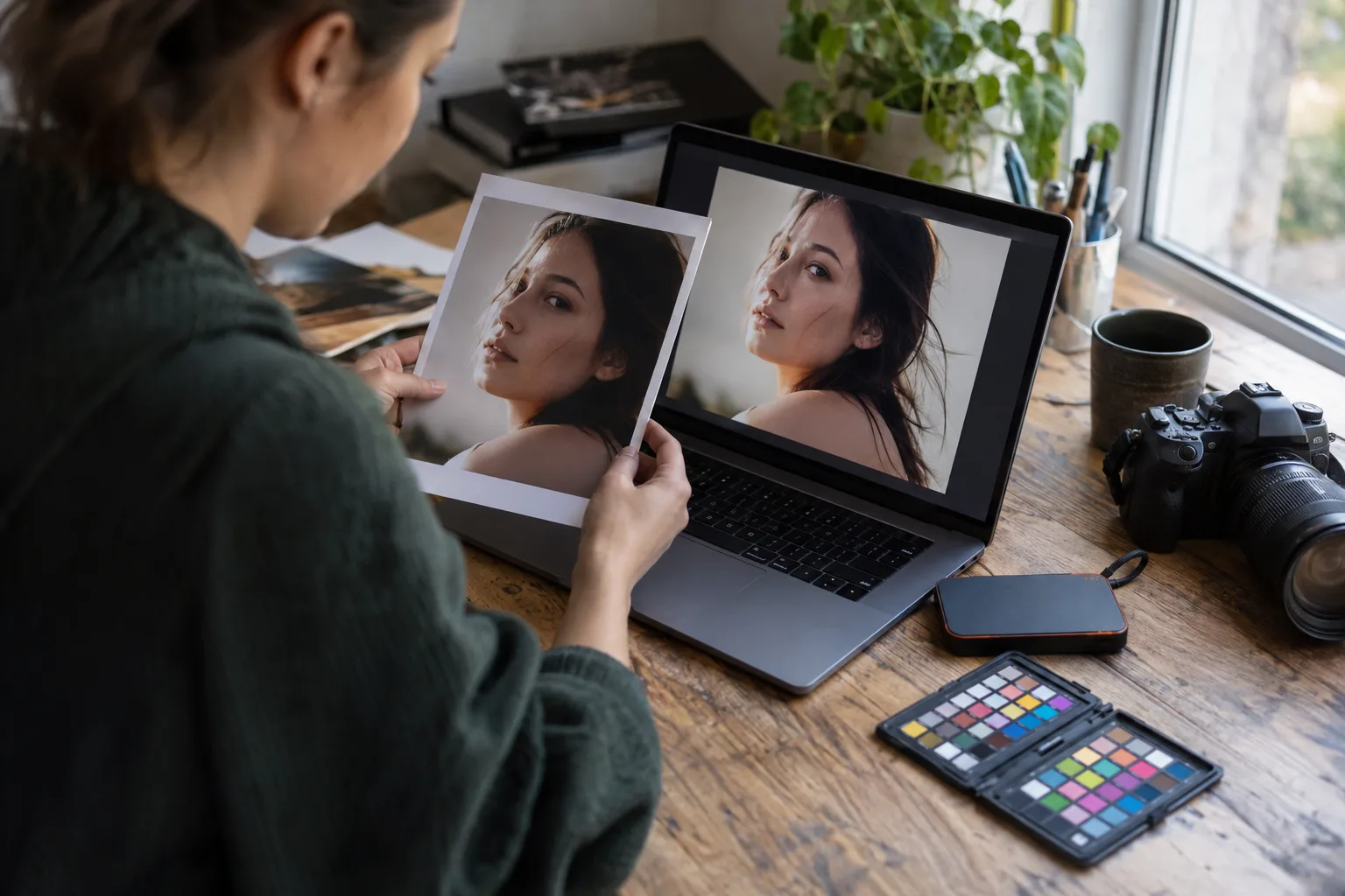 Photographer comparing a portrait print with an edited image on a laptop