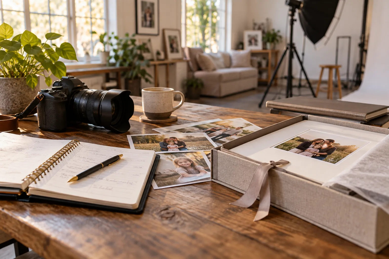 Portrait proofs and organized client materials on a photographer's worktable