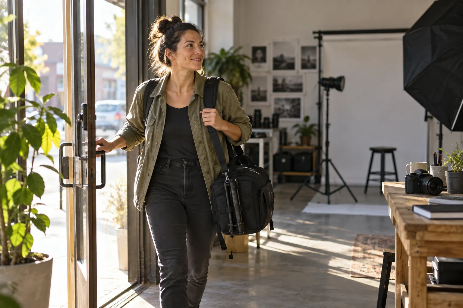 New photographer entering a studio with a camera bag