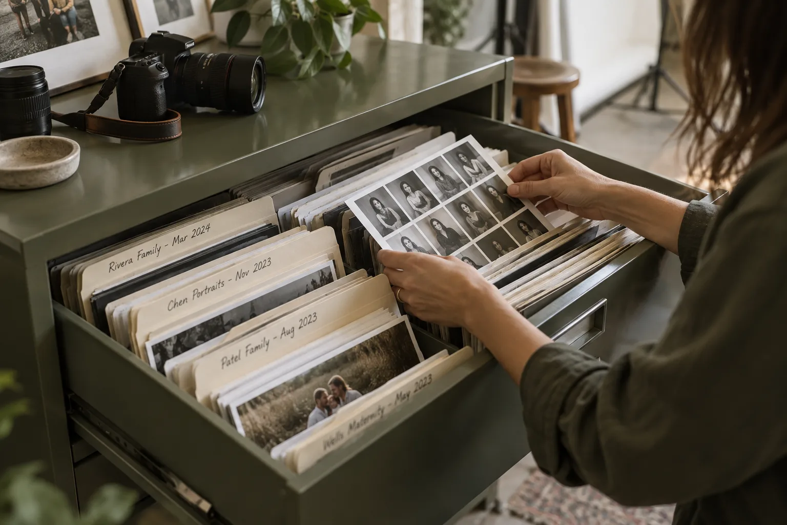 Organized client folders and portrait contact sheets in a photography studio