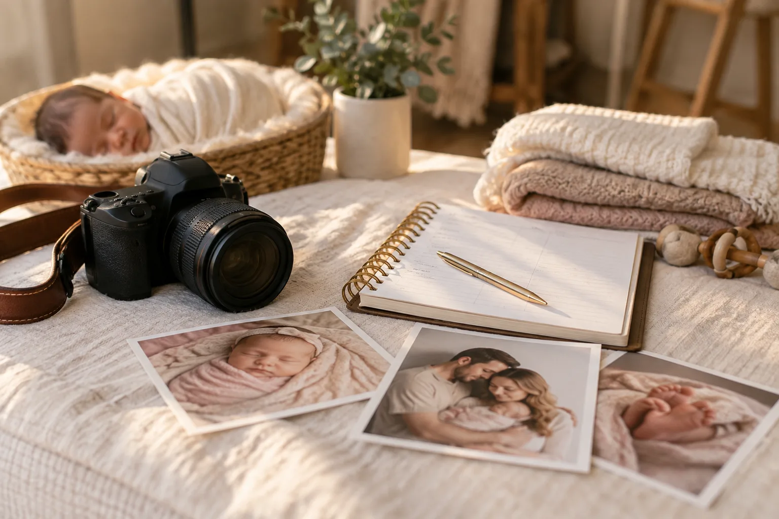 Newborn studio materials, session planner and family portrait prints