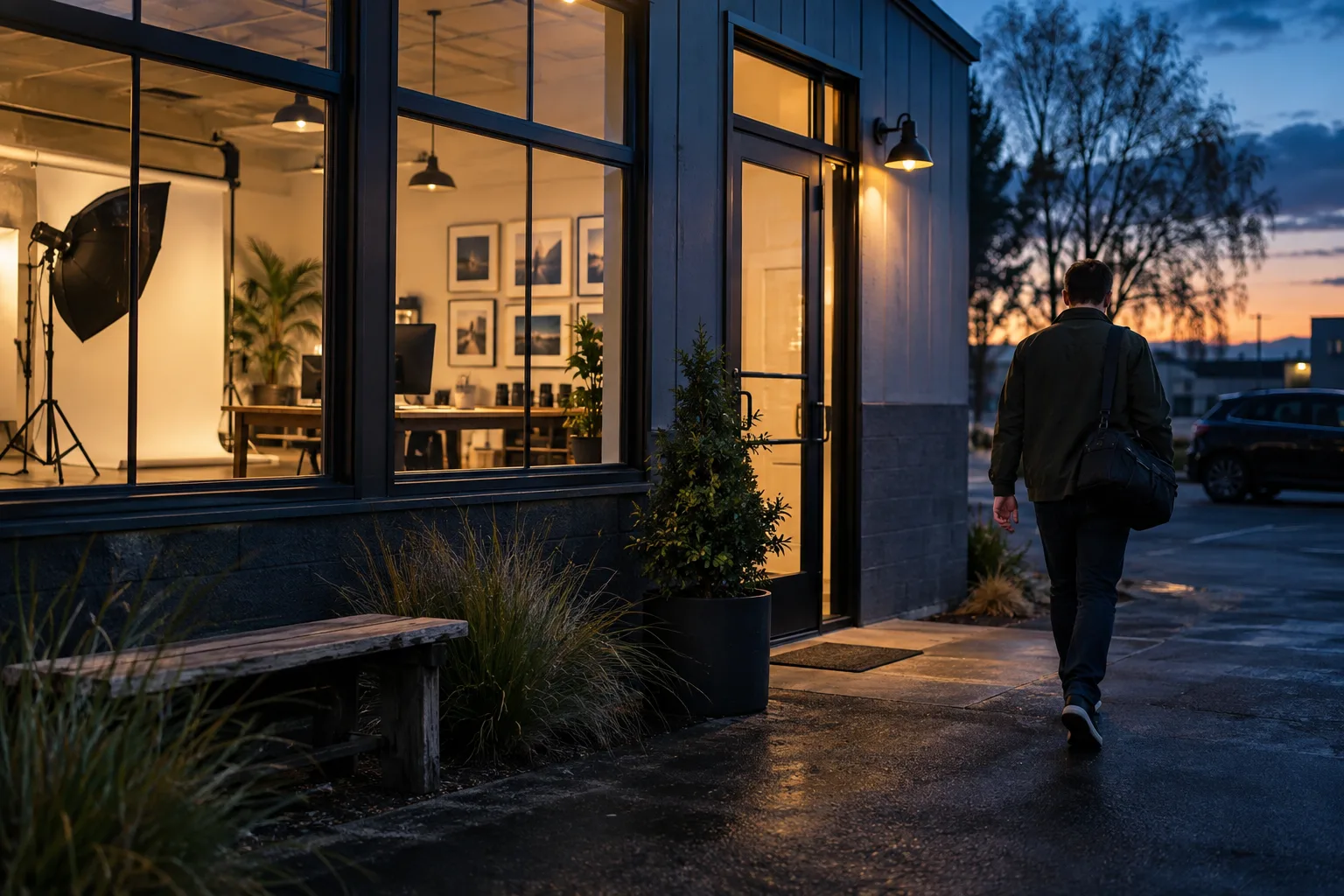 Photographer leaving an organized studio at the end of the day