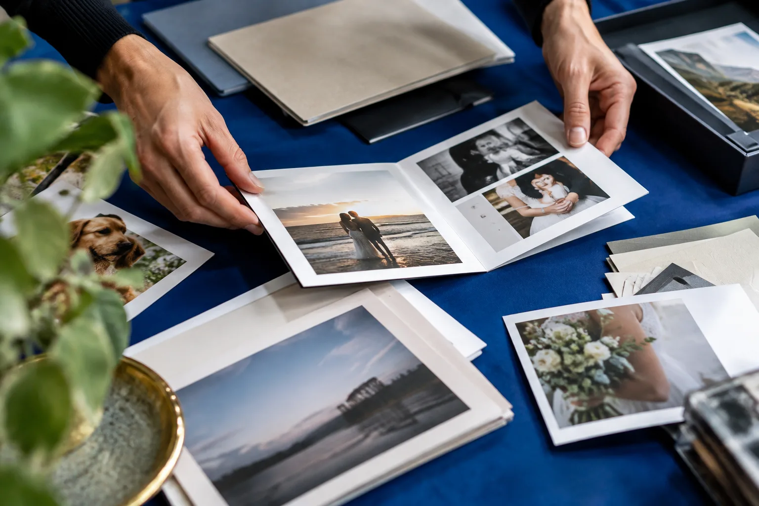 Portrait pricing materials and sample prints on a blue tabletop
