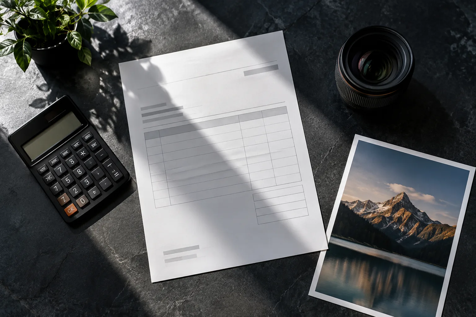Photography invoice, calculator and lens on a dark tabletop