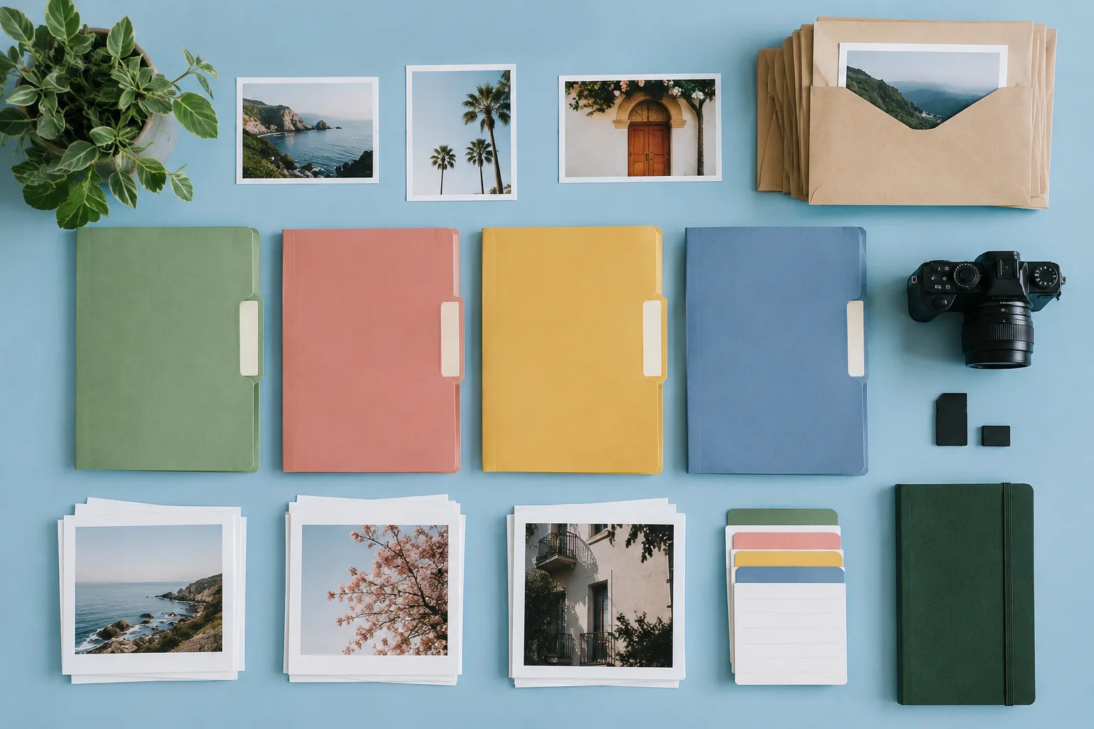 Color-coded client folders and session materials organized in a grid