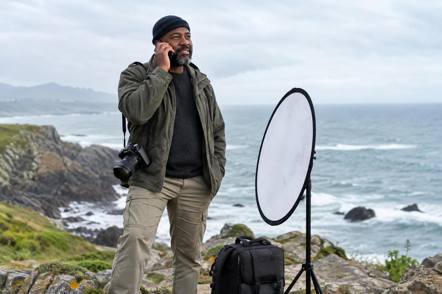 Photographer calling a client from an outdoor portrait location