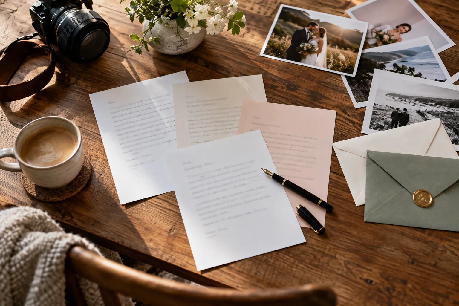 Draft client email messages arranged with envelopes and portrait proofs