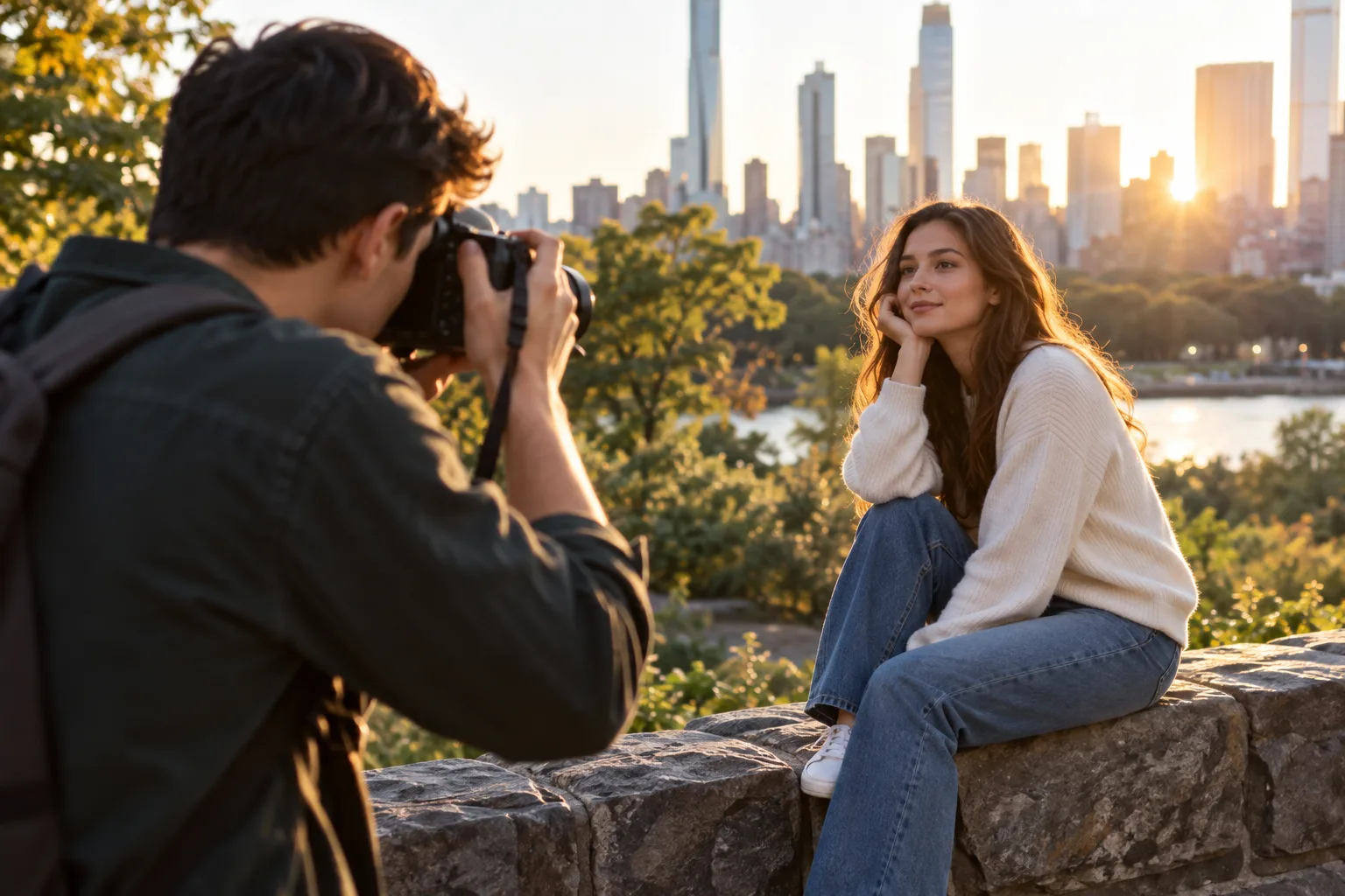 Aspiring photographer practicing an outdoor portrait session
