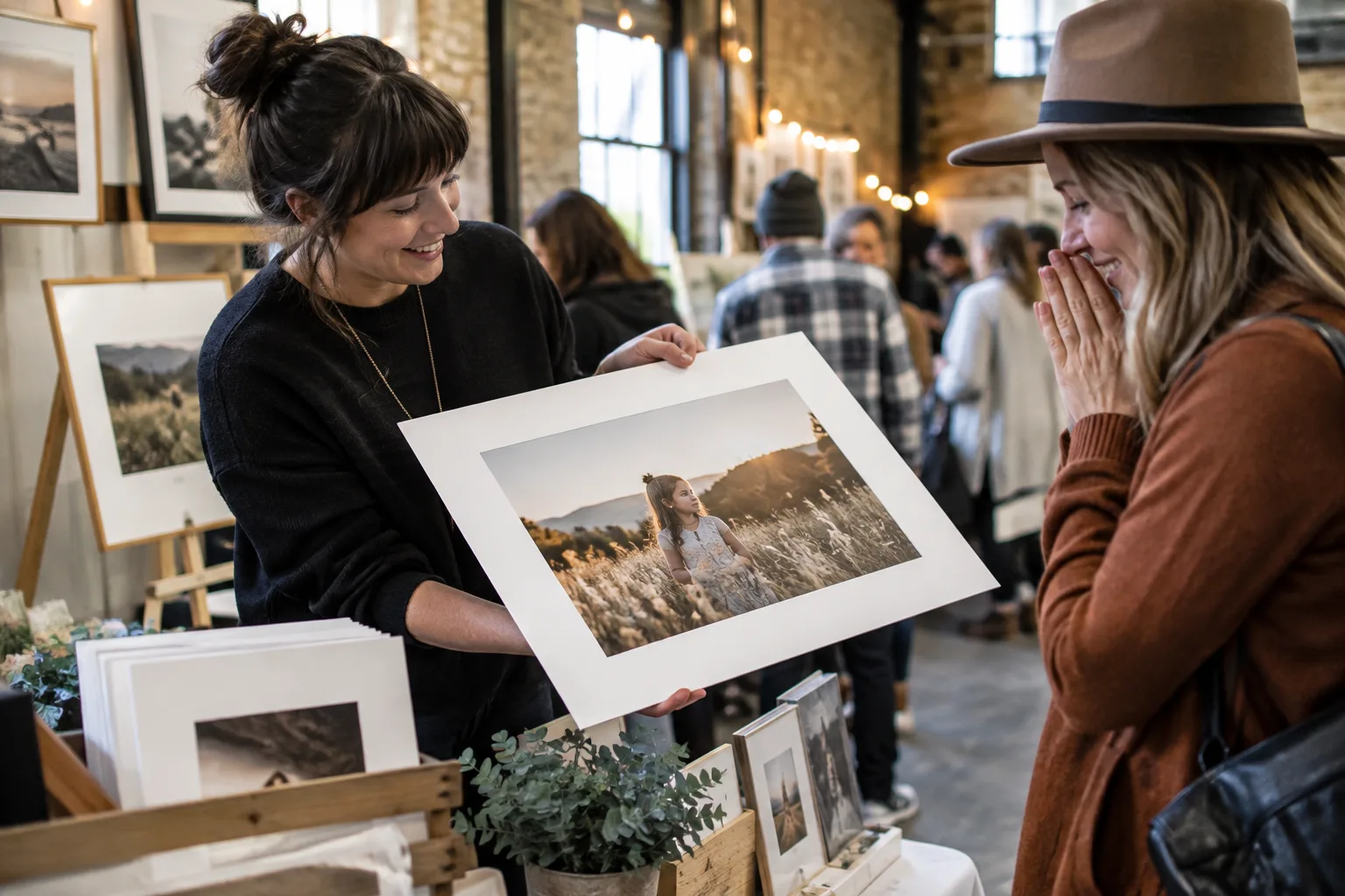 Photographer sharing a finished portrait print with a client