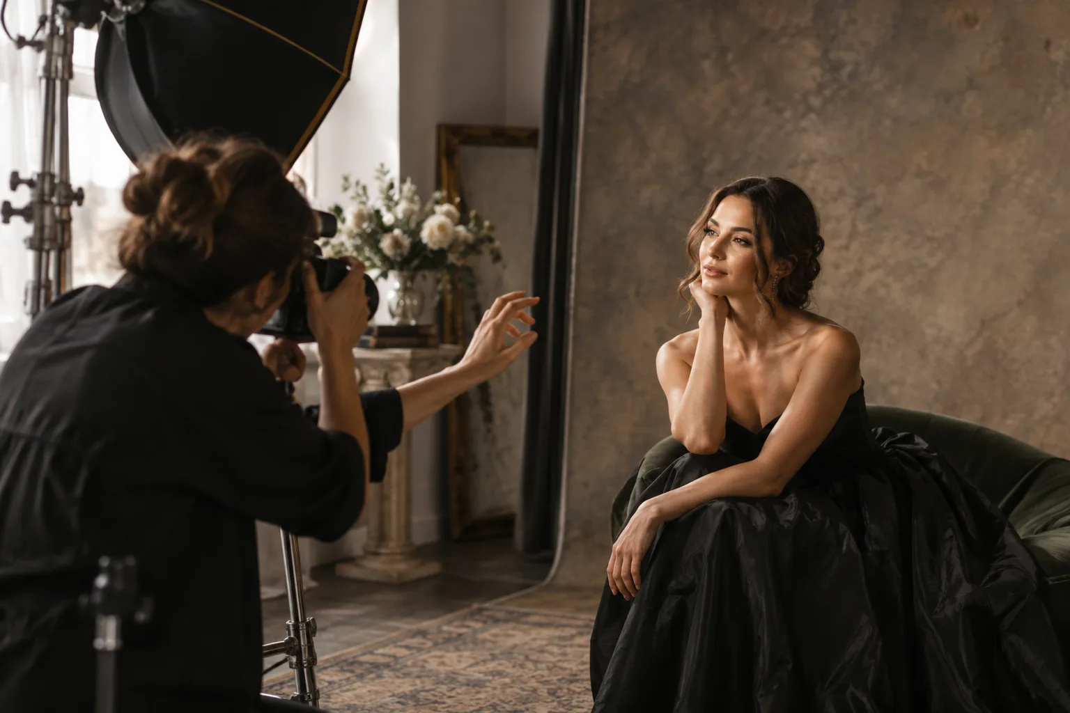 Photographer directing a styled luxury portrait session
