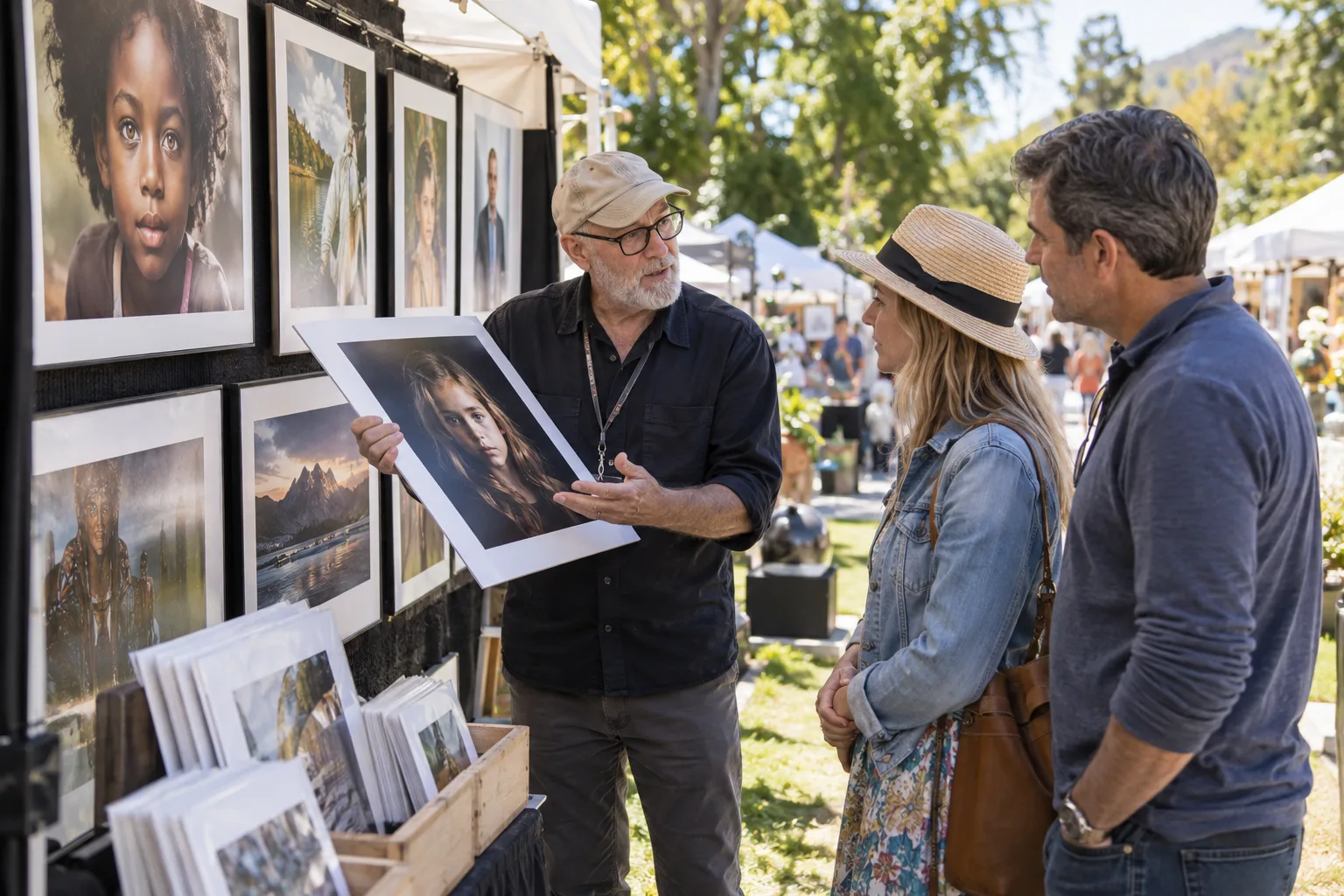 Photographer showing portrait work to visitors at an outdoor art fair
