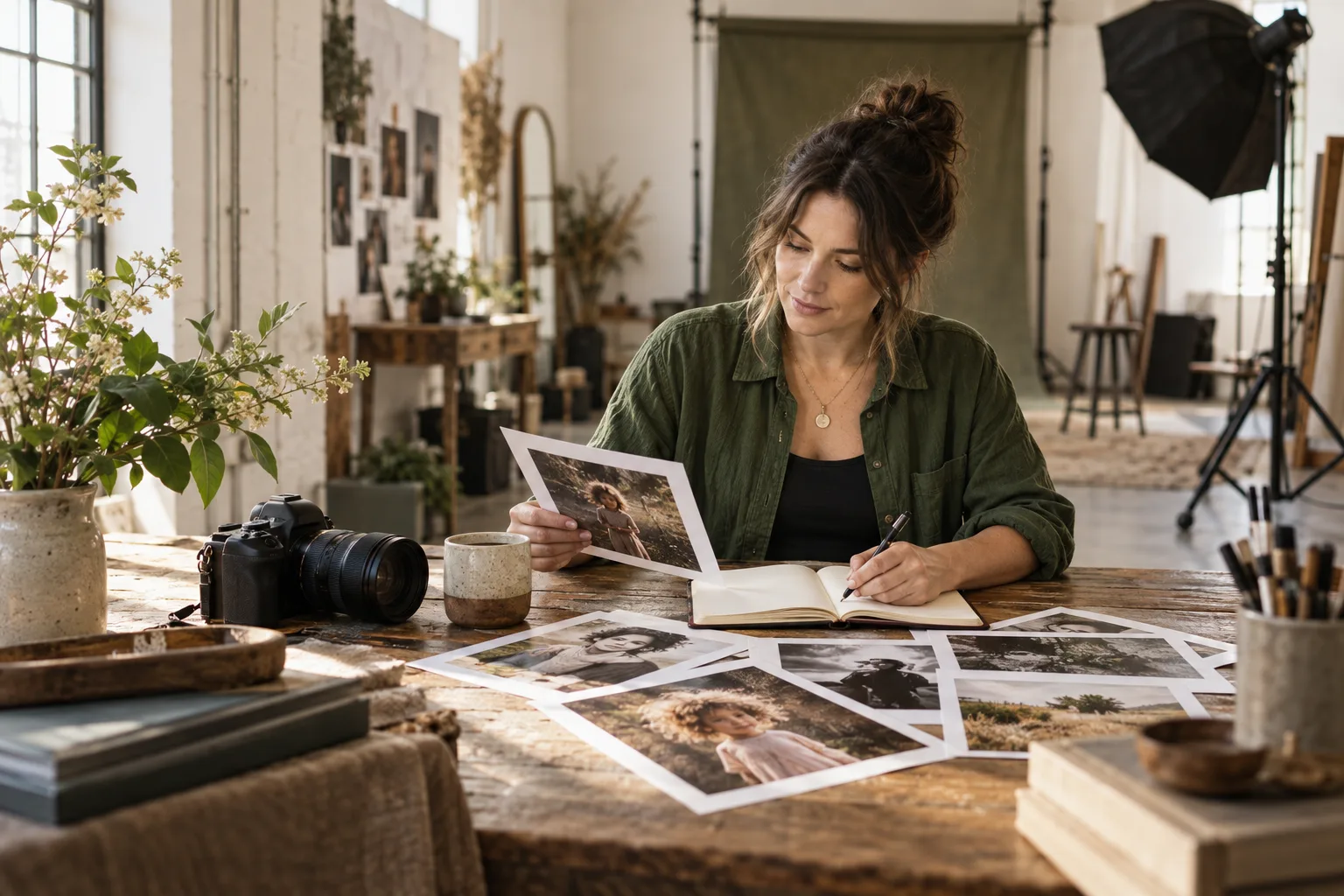 Portrait photographer reviewing prints and writing in a studio journal