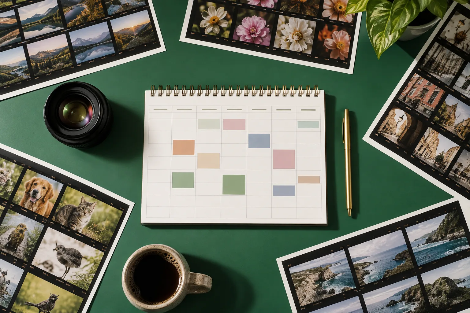 Weekly booking calendar surrounded by portrait contact sheets