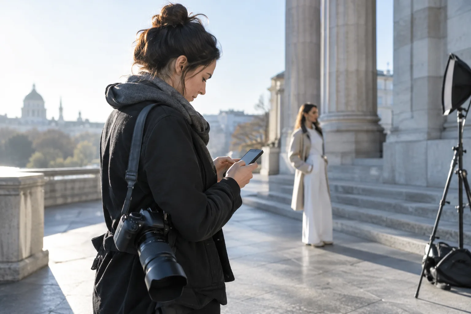 Photographer checking session availability on a phone outdoors