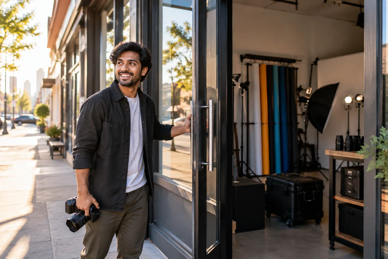 Photographer opening a newly prepared portrait studio
