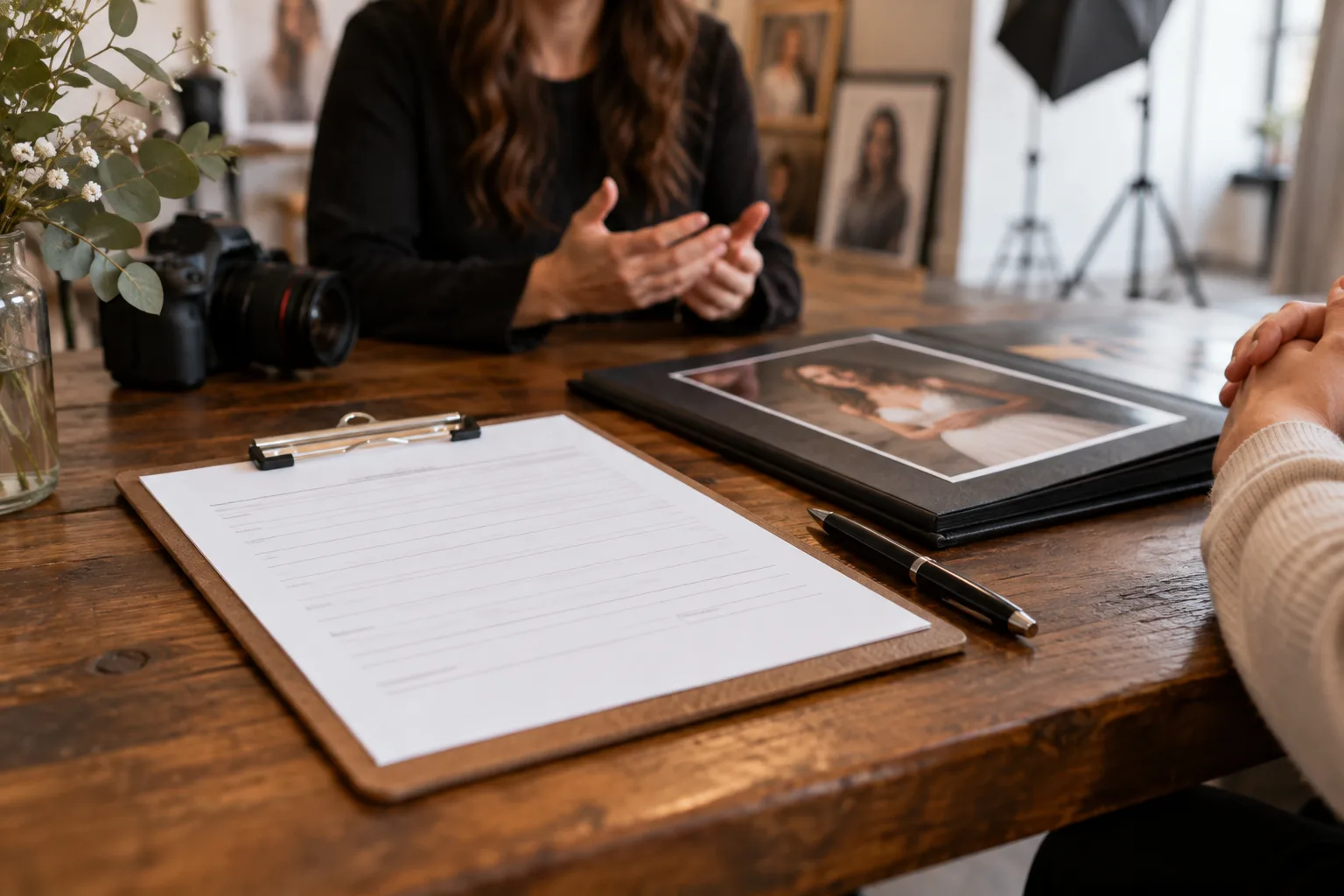 Client booking form beside a portrait album in a studio