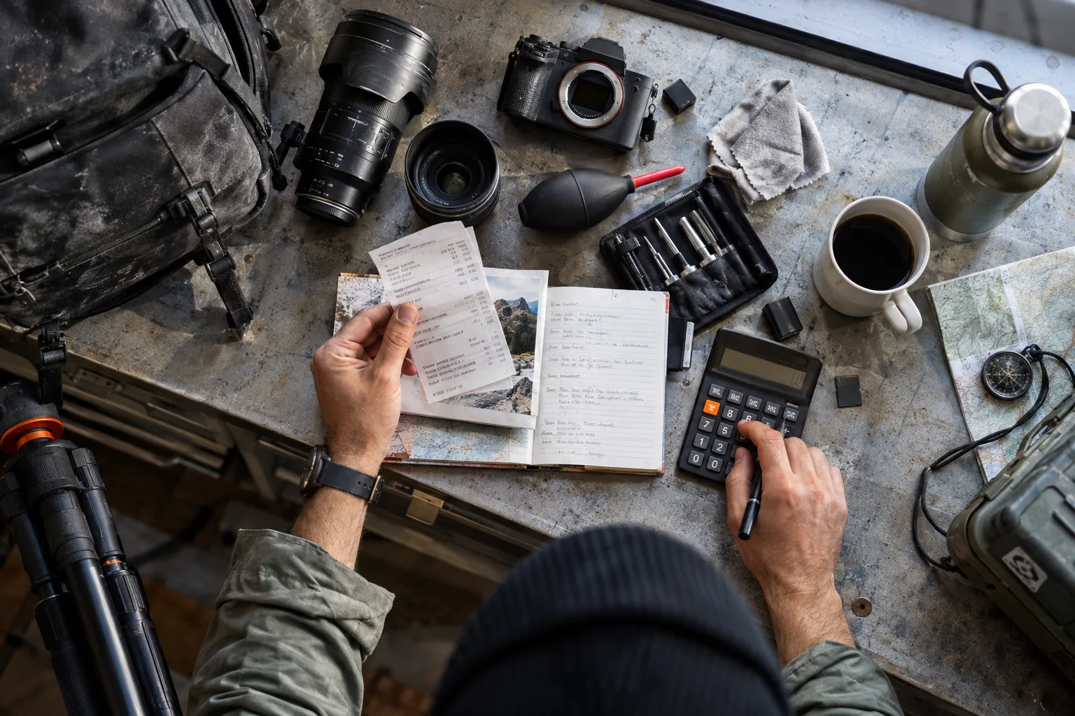 Camera equipment, travel notes and expense calculator on a workbench