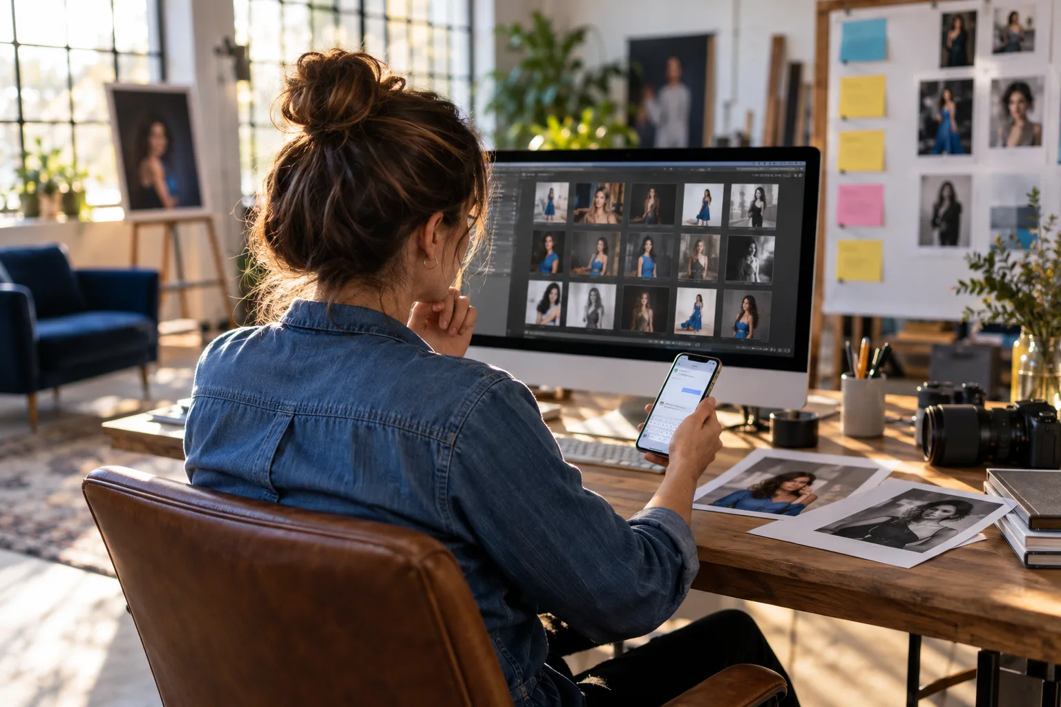Photographer preparing a client message while reviewing portrait proofs