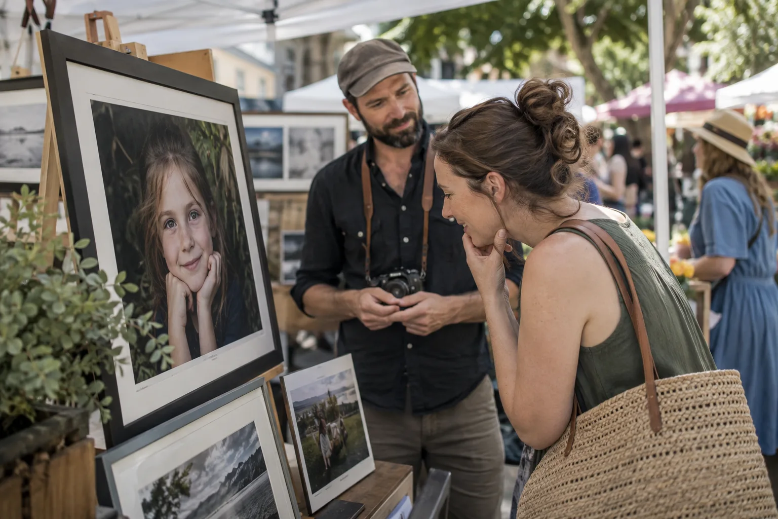 Prospective client discovering a photographer's portrait display