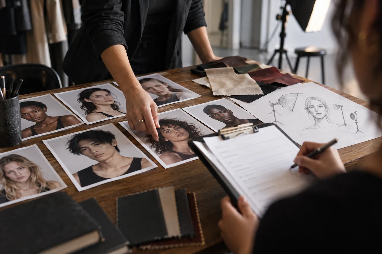 Model call applications, headshots and styling notes on a studio table