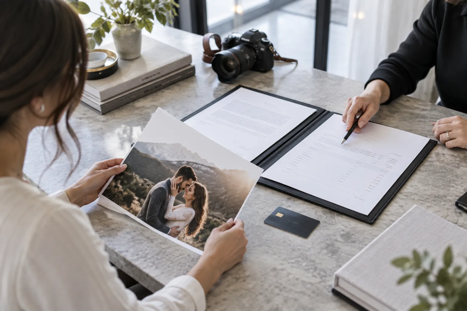 Wedding portrait proof beside booking agreement and payment materials