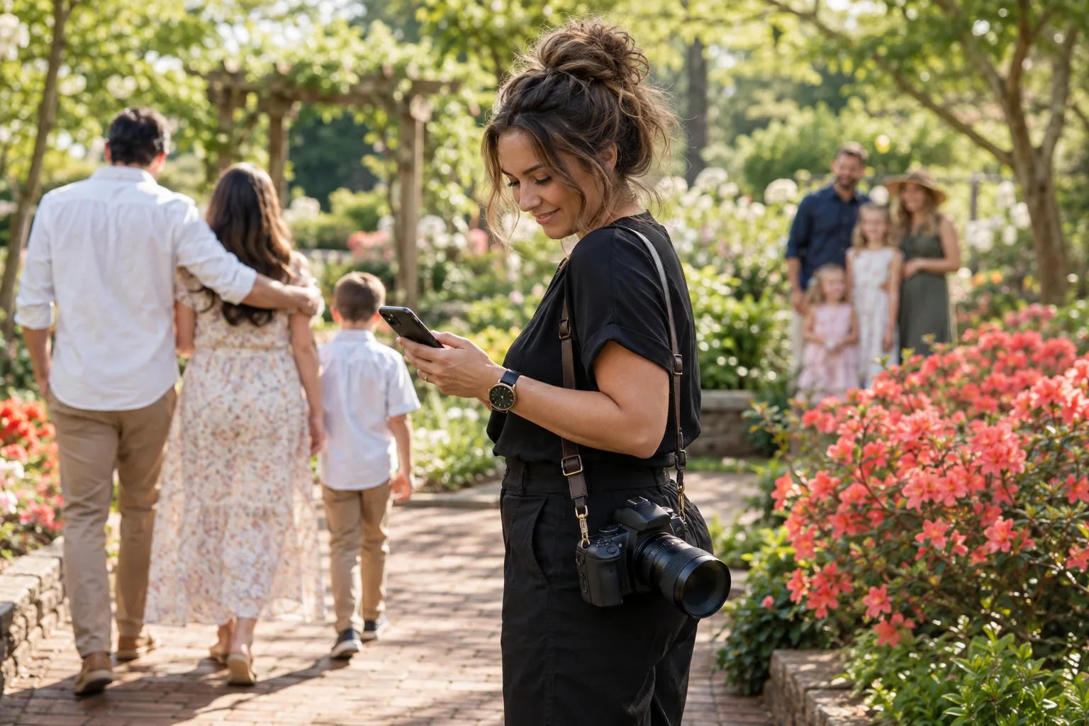 Photographer checking the next portrait appointment at a garden mini-session