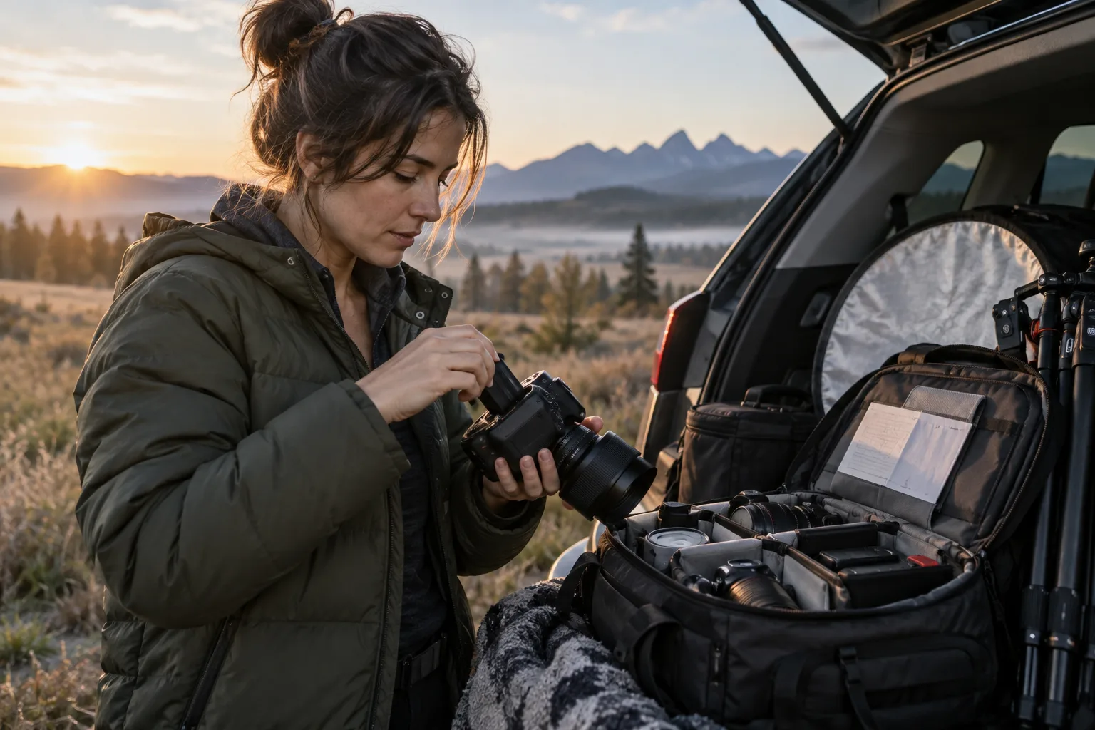 Photographer checking camera and backup gear before an outdoor session