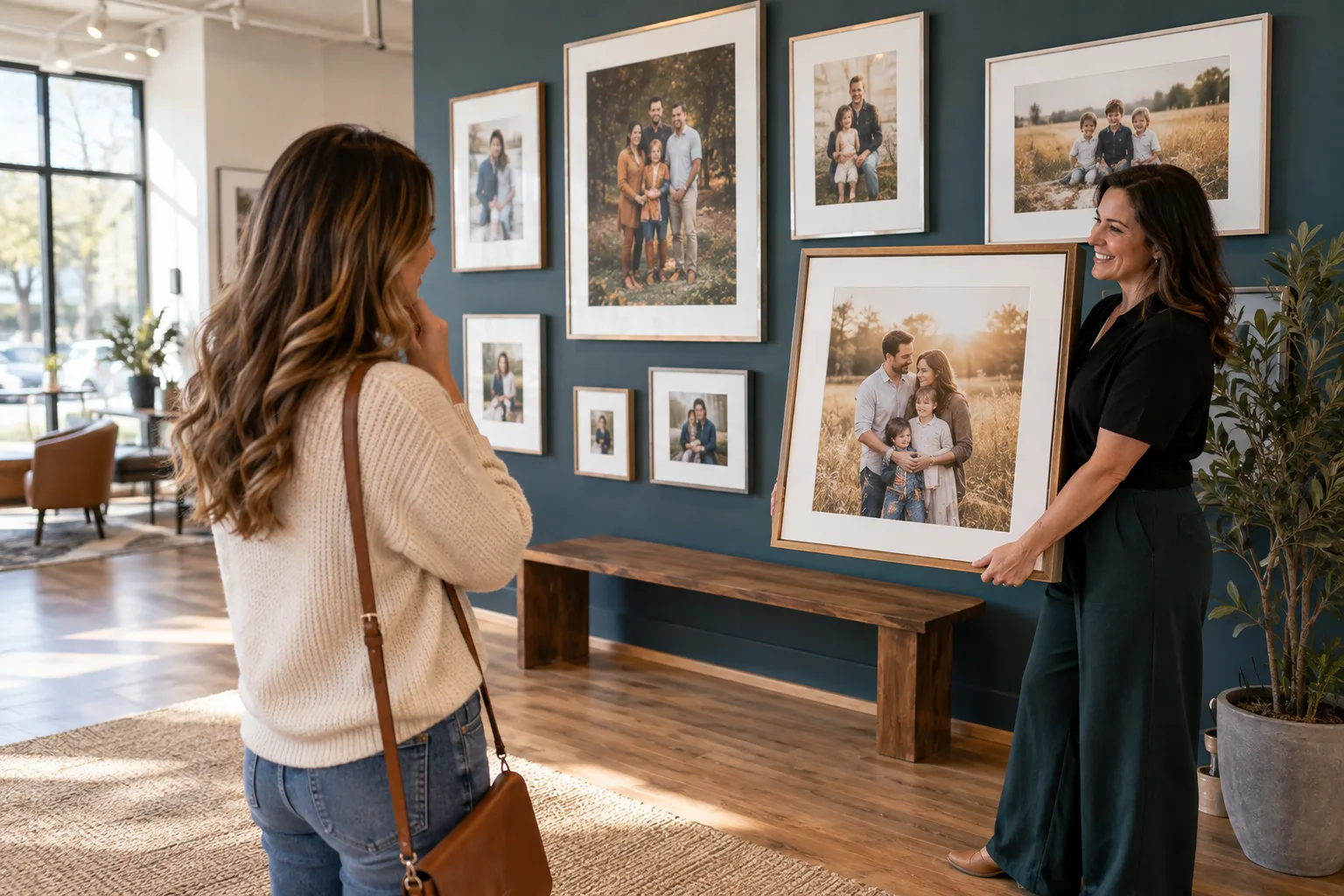 Photographer showing a client a framed portrait in a print gallery