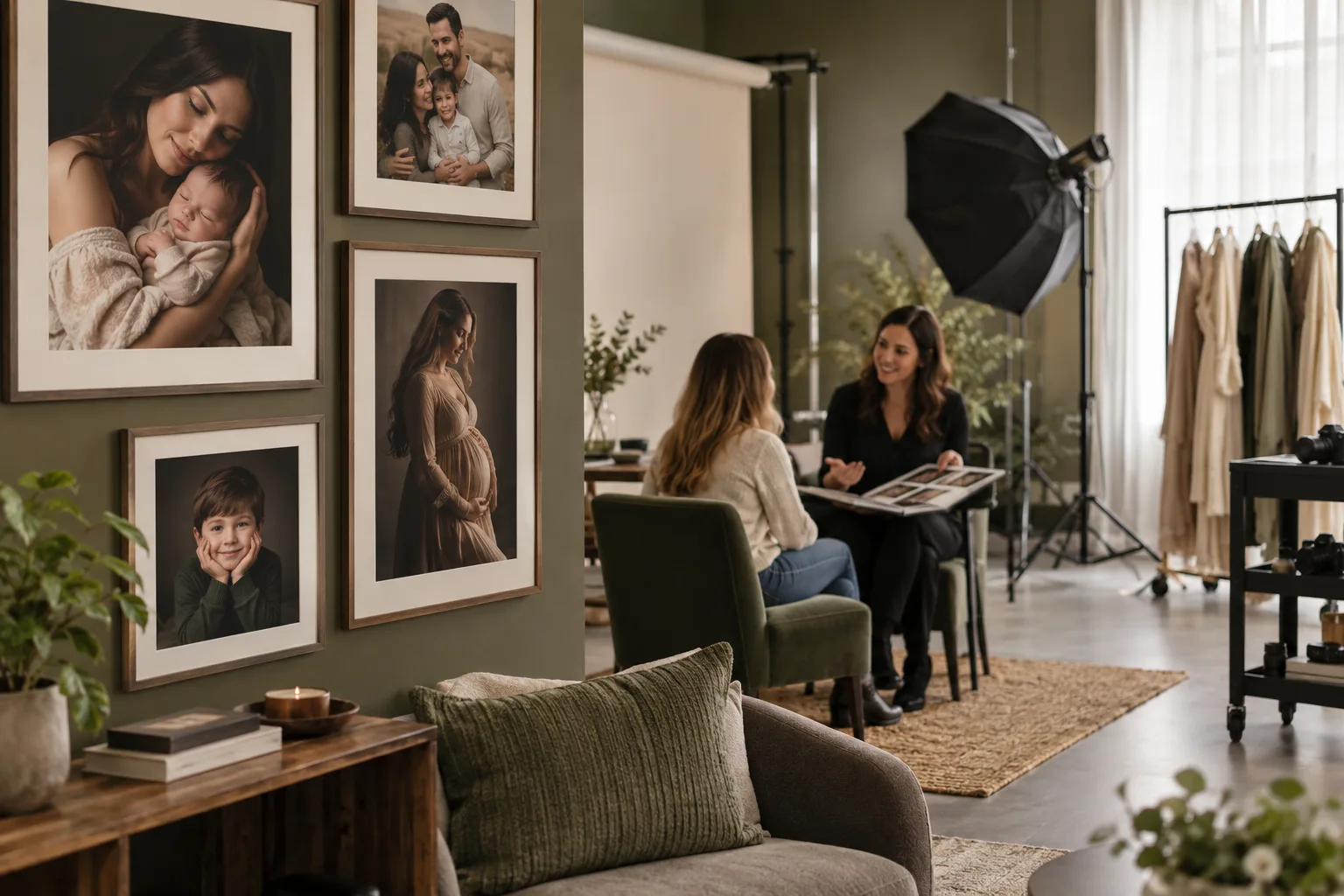Prospective portrait client discussing a booking in a studio