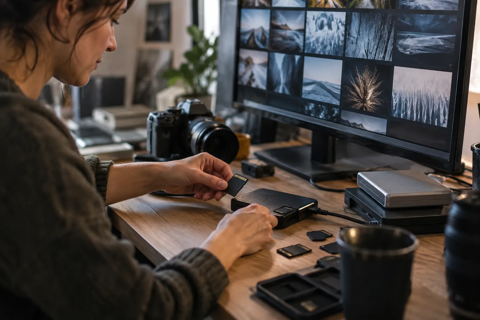 Photographer organizing external drives at a photo editing workstation