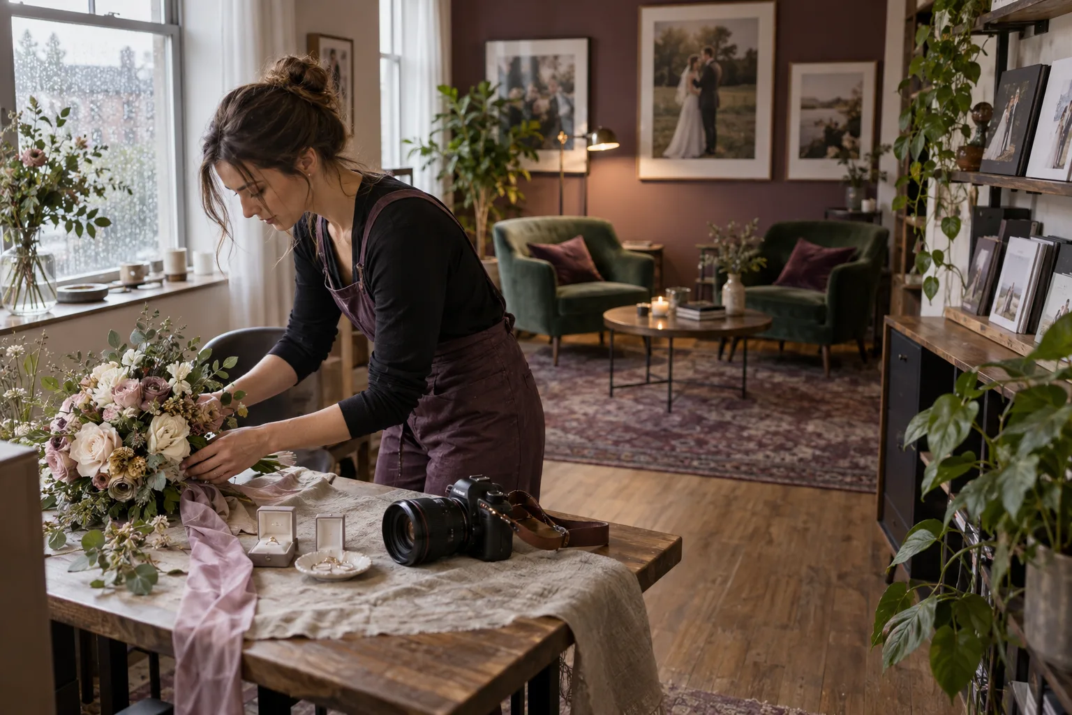 Wedding photographer preparing a bridal detail shoot in a home studio