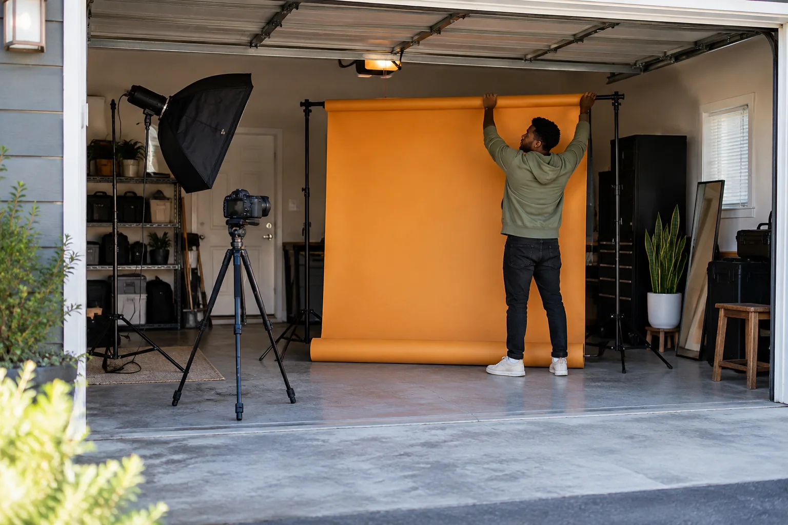 New photographer setting up a first compact portrait studio