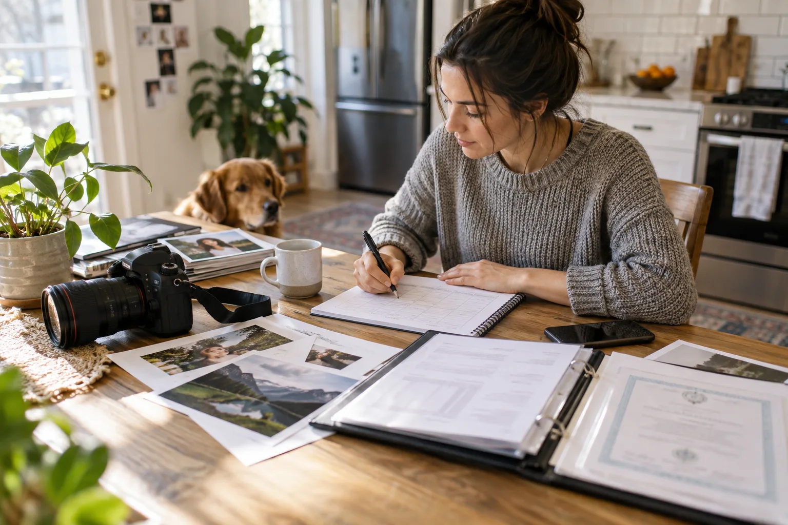 Camera, portfolio prints and business paperwork on a kitchen table