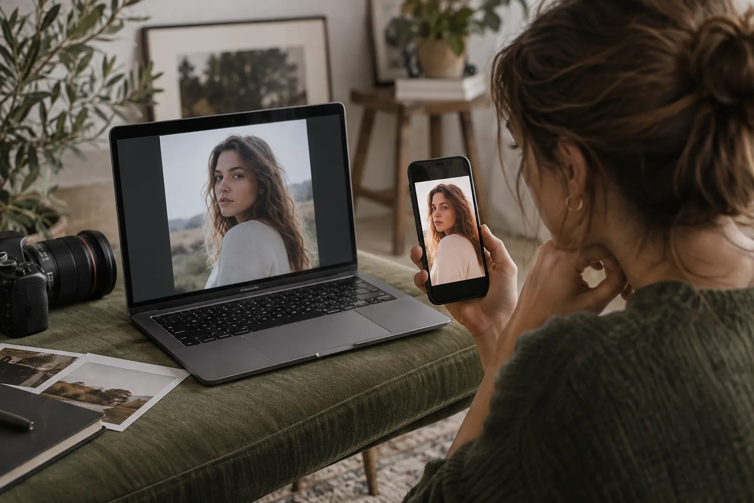 Photographer comparing portrait color on a laptop and phone