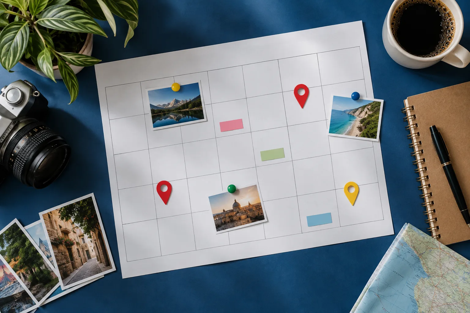 Portrait session dates and photo prints arranged on a calendar