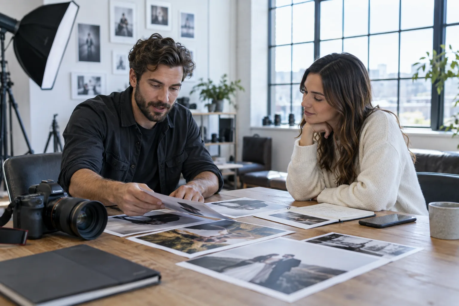 Photographer and client planning a session together