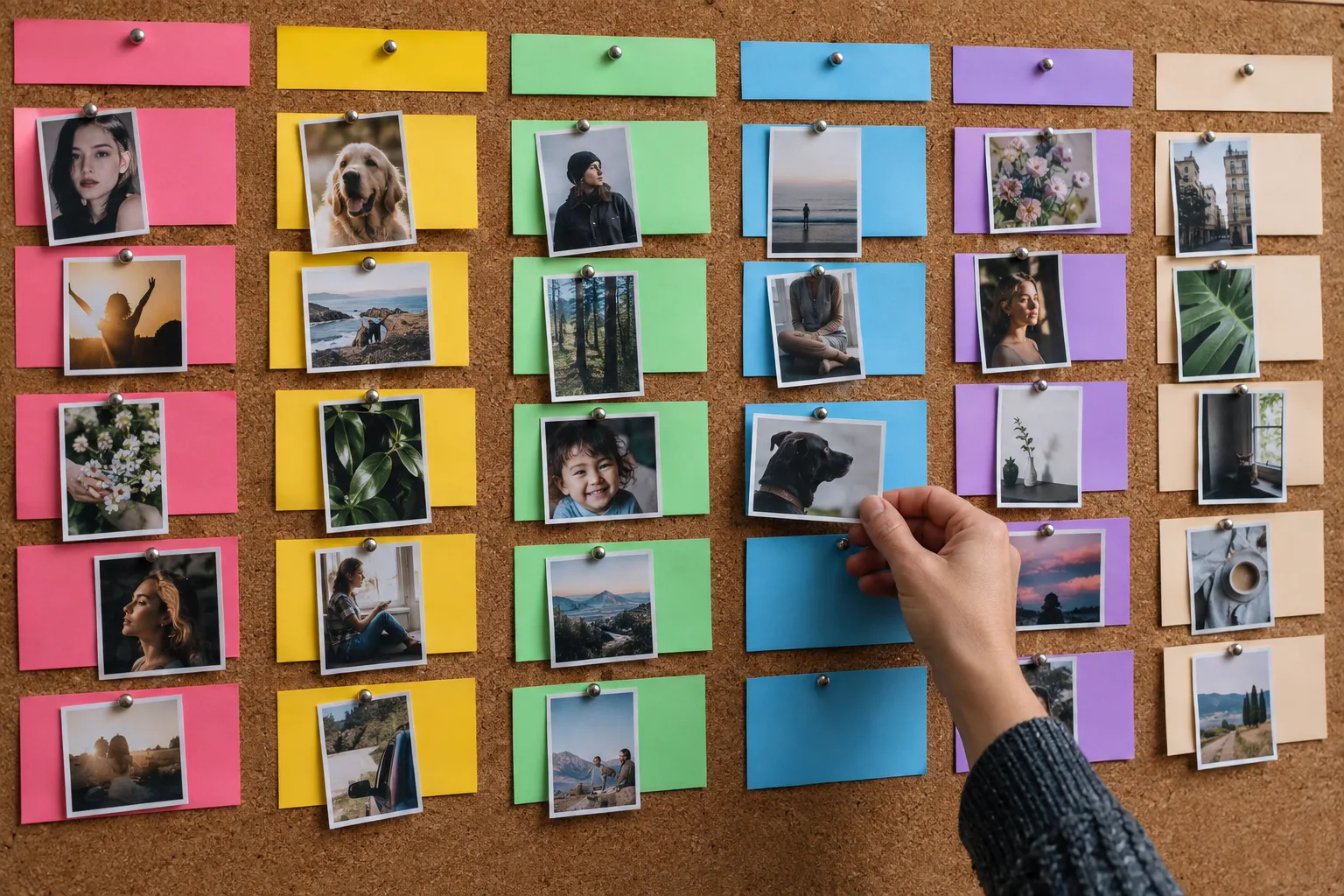 Colored session cards and portrait proofs on a photography workflow board