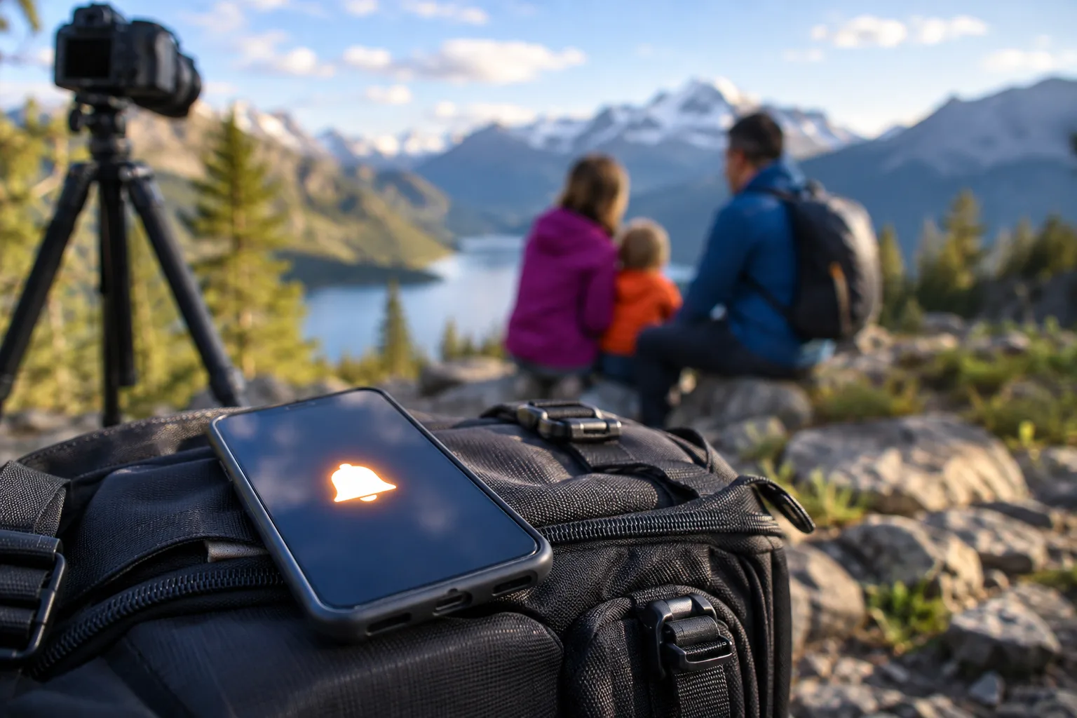 Phone showing a session alert beside camera gear outdoors