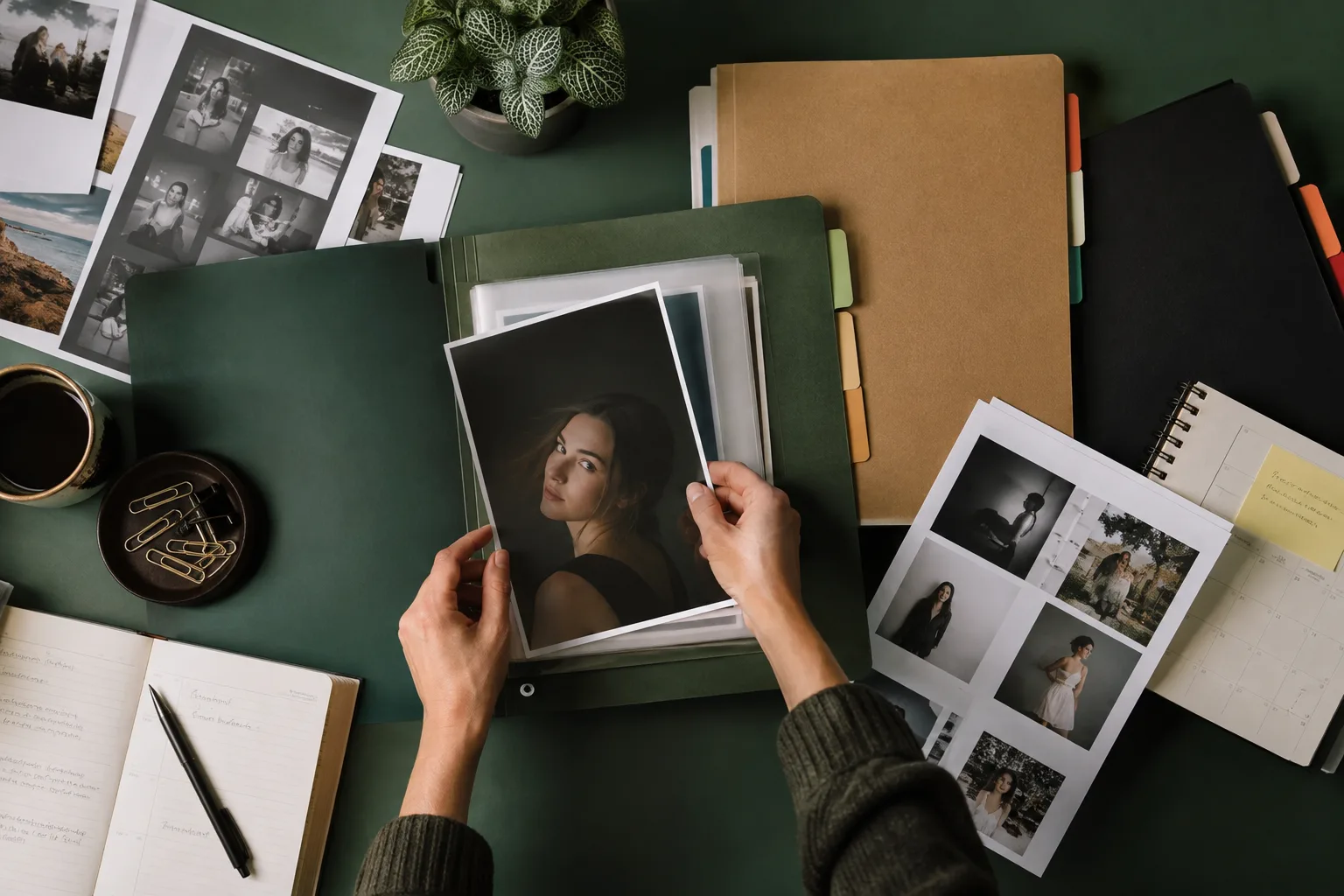 Organized photography client folders and portrait contact sheets