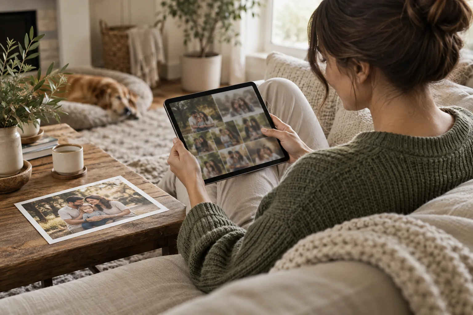 Client reviewing shared family portraits on a tablet at home