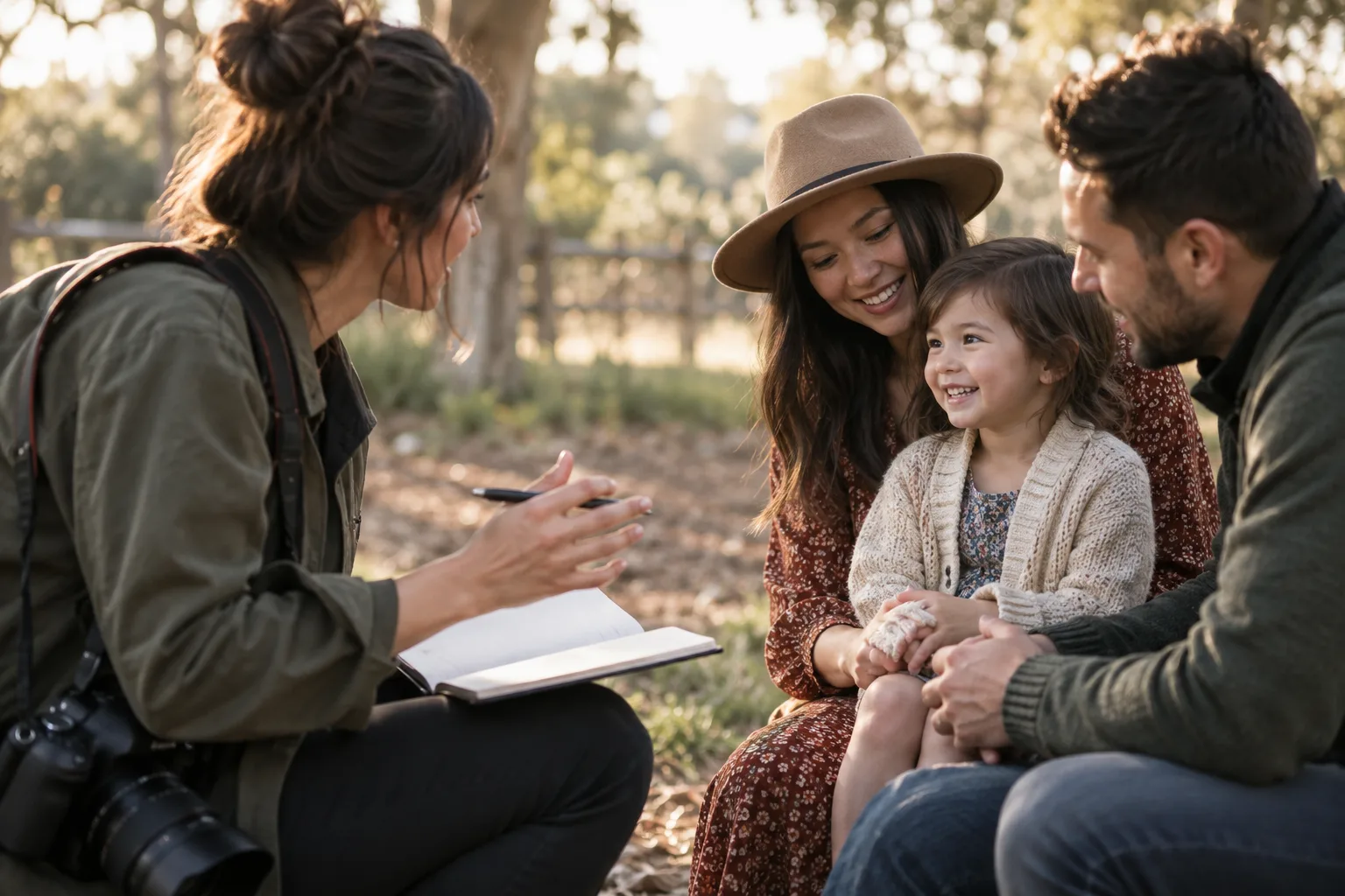 Photographer discussing family preferences before a portrait session