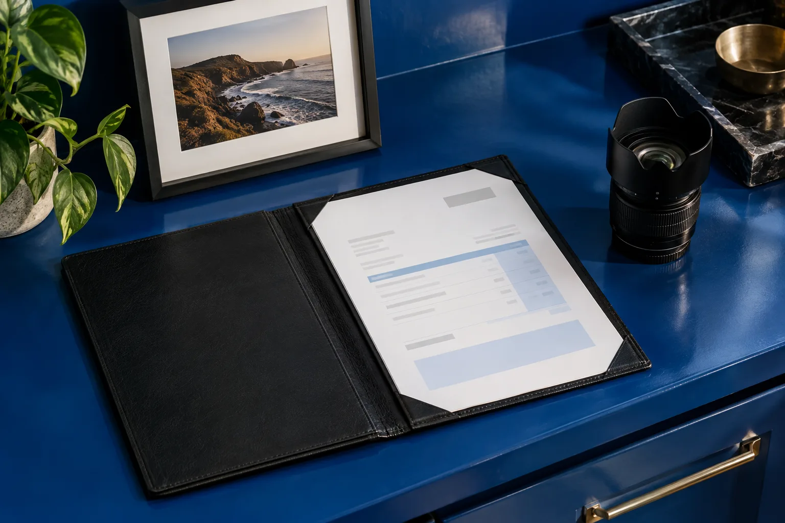 Photography invoice and framed portrait arranged on a blue counter